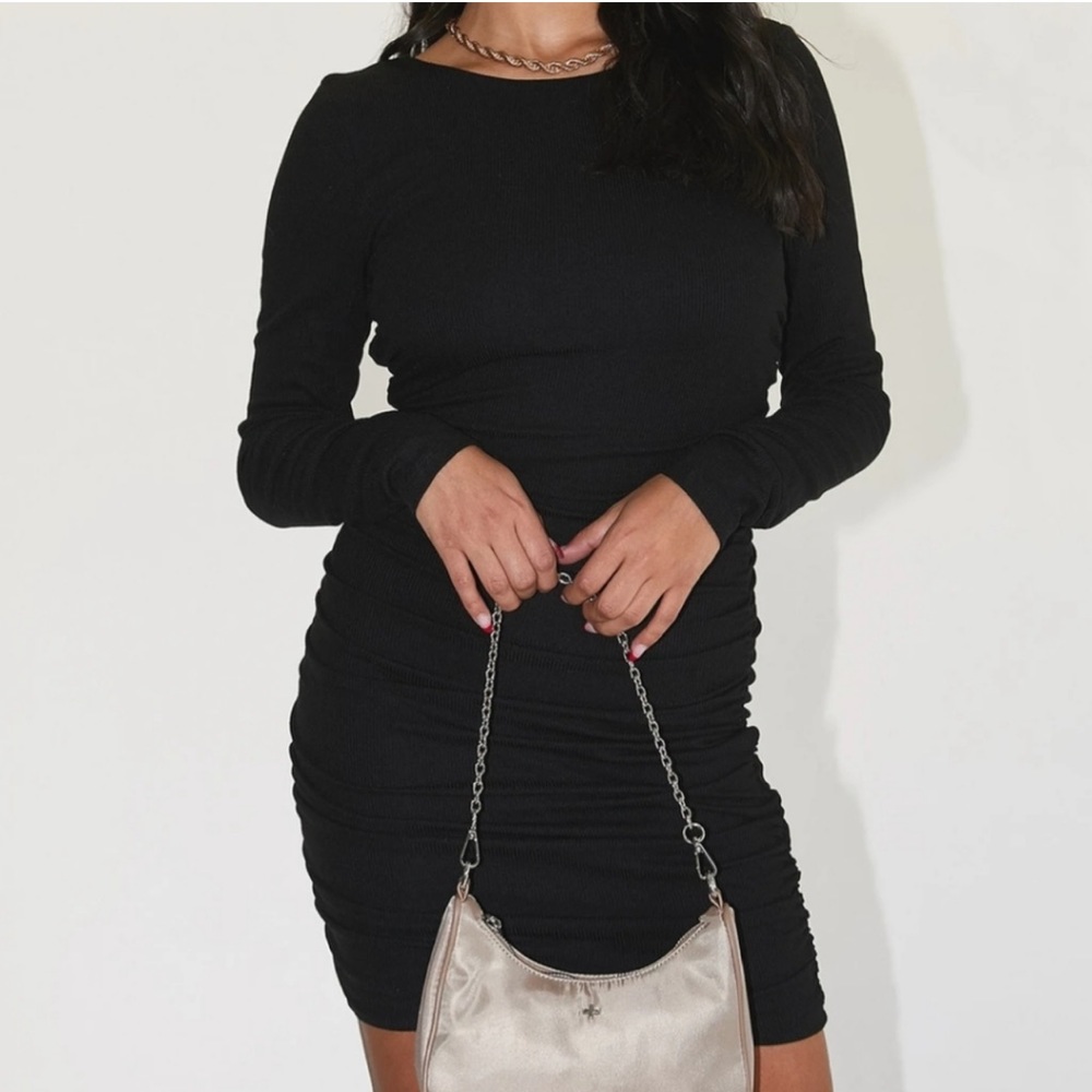 Princess Polly Newton Black Strappy Cutout Back Long Sleeve Ruched Mini Dress - Picture 3 of 13